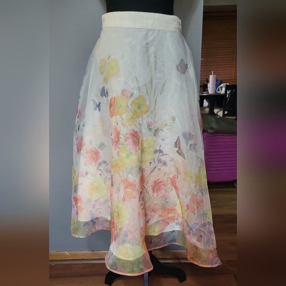 Rachel Zoe White A-Line Skirt with Yellow, Peach, Lavender Floral Print
